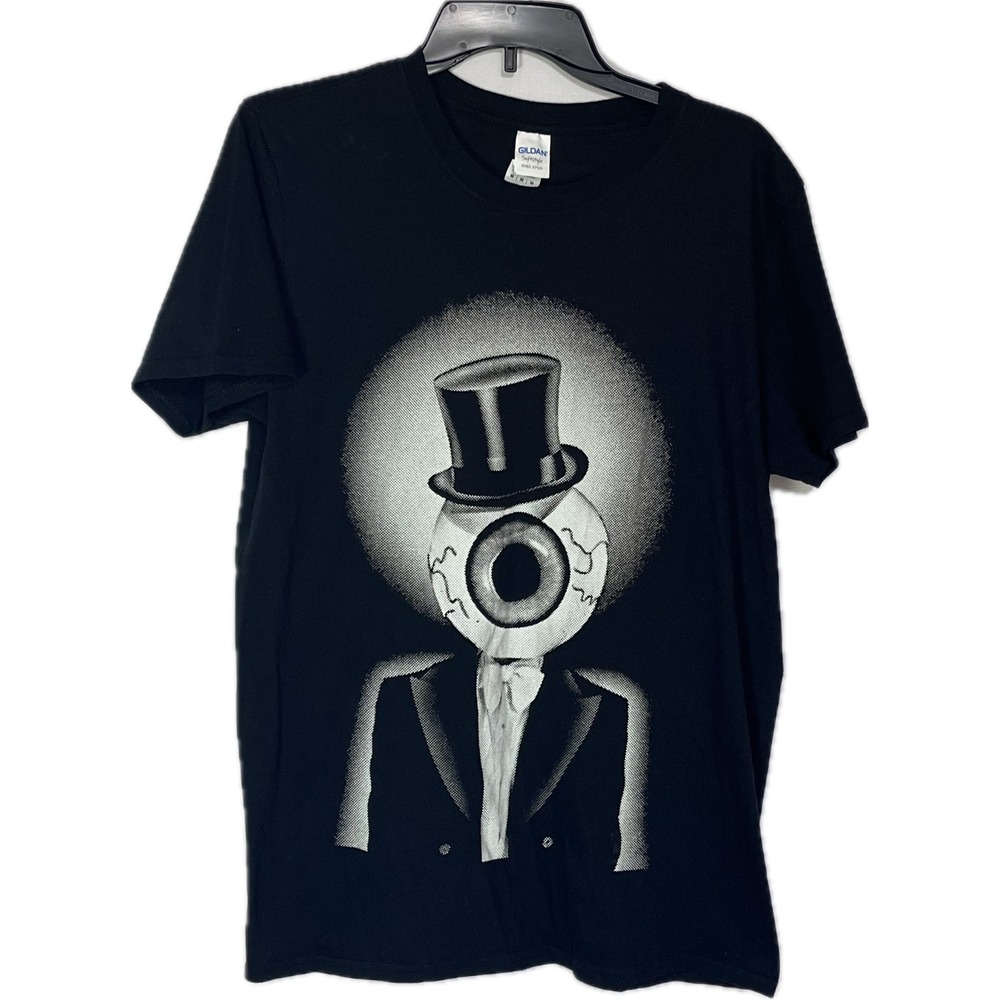 Gildan Softstyle Black Graphic Tee Surreal Eyeball in Top Hat Tuxedo Mens M